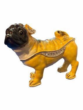 Decorative Yellow Pug Figurine Trinket Jewelry Box with Rhinestone Detail
